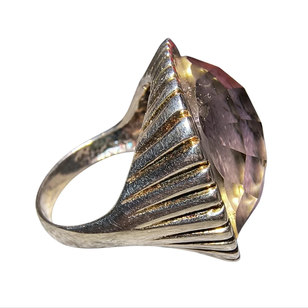 Vintage Very Large Charoite, Clear Quartz And Sterling Silver Doublet Ring